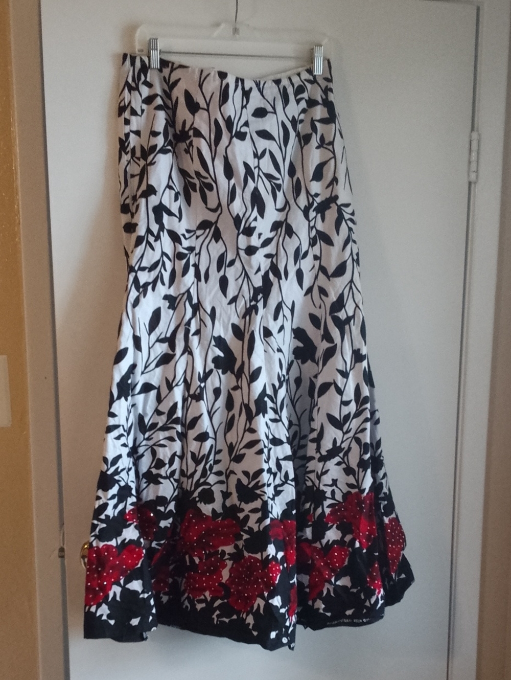 Maxi Skirt with Black Leaf Print and Red Floral Border